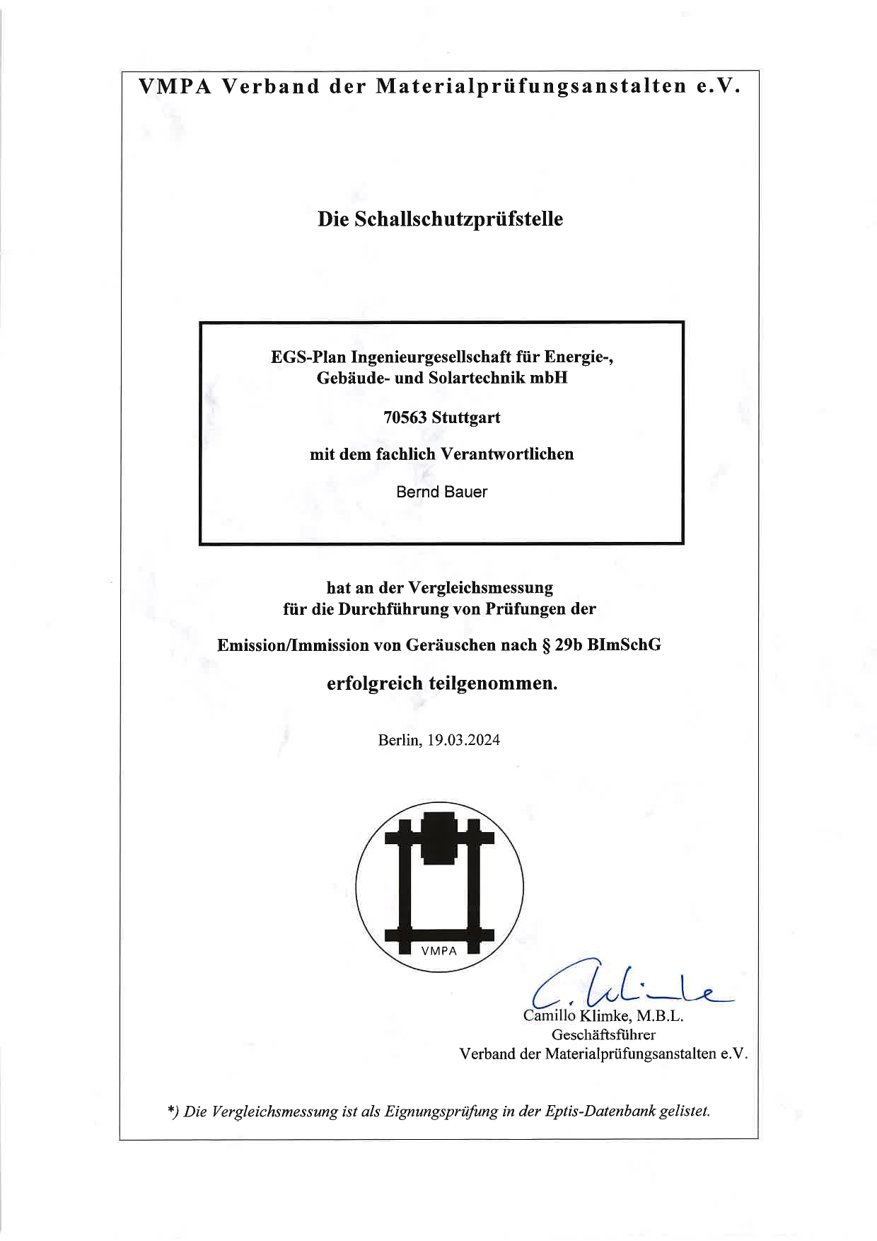 VMPA-Zertifikat Bernd Bauer
